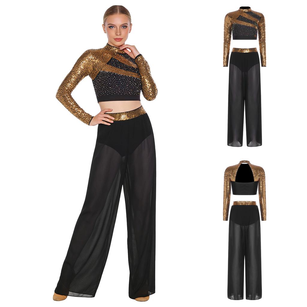 S-XXL Women Two-Piece Lyrical Dance Outfit Mock Neck Long Sleeve Cutout Back Sequins Rhinestones Crop Top with Side Split Sheer Chiffon Pants