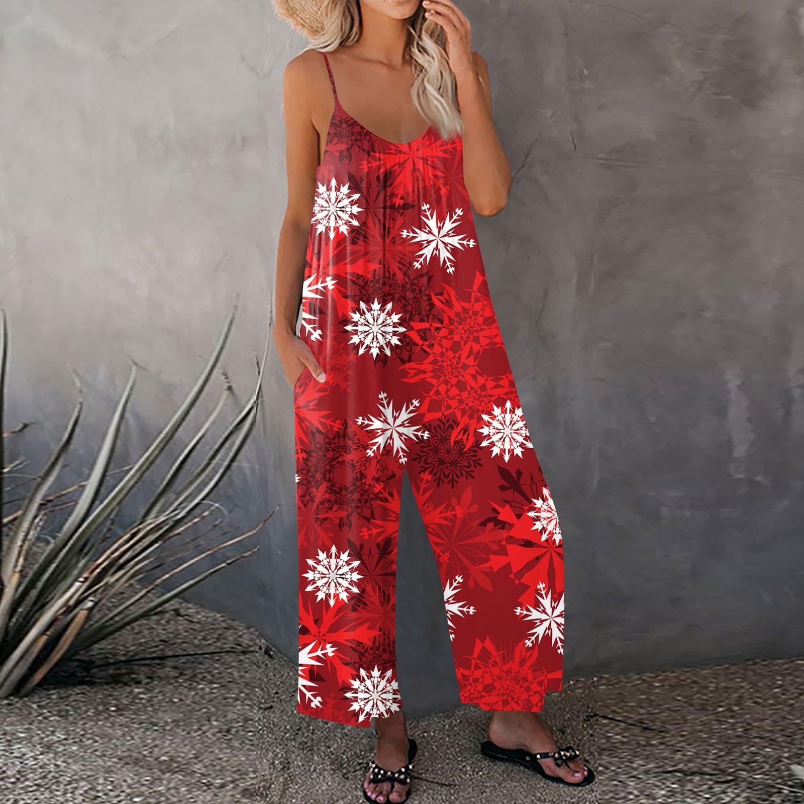 

Жіночий різдвяний комбінезон з принтом. Повсякденний вільний комбінезон з регульованими підтяжками XXL винний