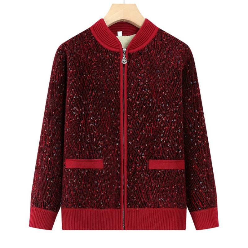 Middle Aged Women's Clothing Mother Knitted Warm Clothes Elderly Sweater Grandma Autumn and Winter Fleece Jacket Old Lady Clothes