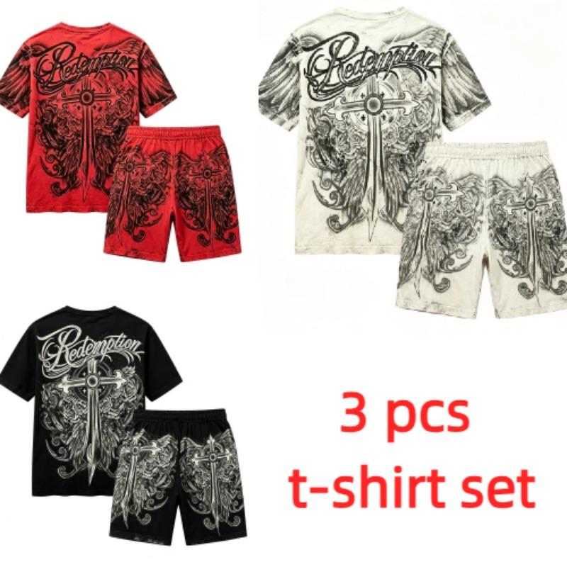 Sommer Gotischer Stil Kreuzschwert Aufdruck Rundhals Kurzarm T-Shirt und Shorts Set Herren und Damen T-Shirt Shorts Set