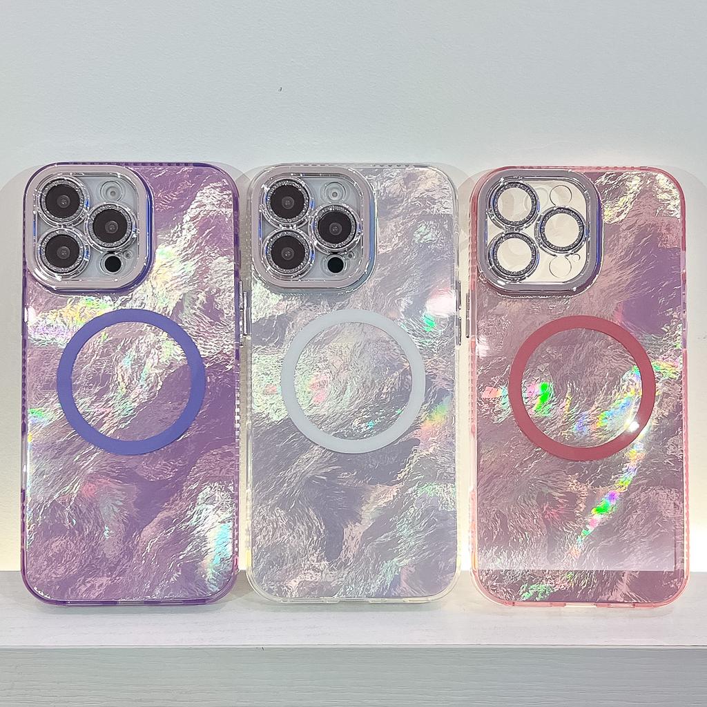 Folded Pattern Is Suitable for iPhone16promax Magnetic Mobile Phone Case, Tinfoil Pattern, Apple 15 Glitter Lens Film.