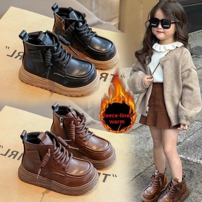 Children's British Style Short Boots Girls Plus Velvet Cotton Boots Warm Fashionable Leather Boots