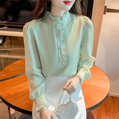 Spring Autumn French Chiffon Blouse Women's Elegant Patchwork Stylish Stand Collar Ruffled Trim Long Sleeve Shirt