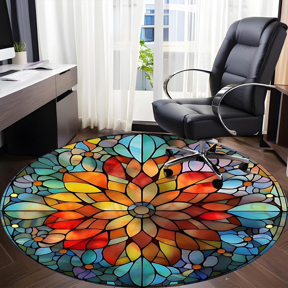 1pc Stained Glass Mandala Office Round Area Rug, Under Office Chairs Bedroom Living Room Home Decor, Room Deco