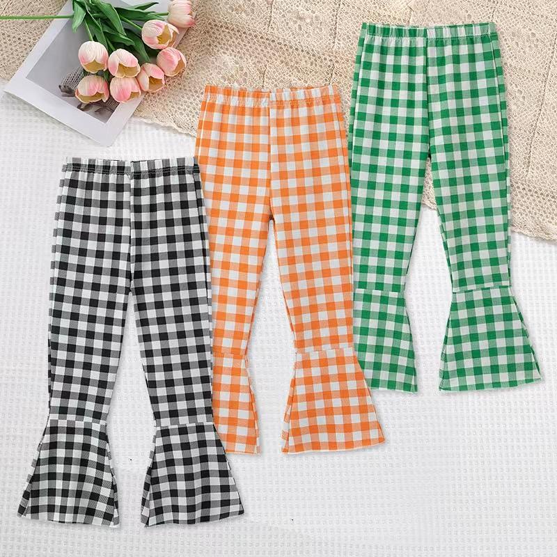 2/3piece set of summer girls' fashionable casual short sleeved flared pants set with heart round neck T-shirt and checkered pant
