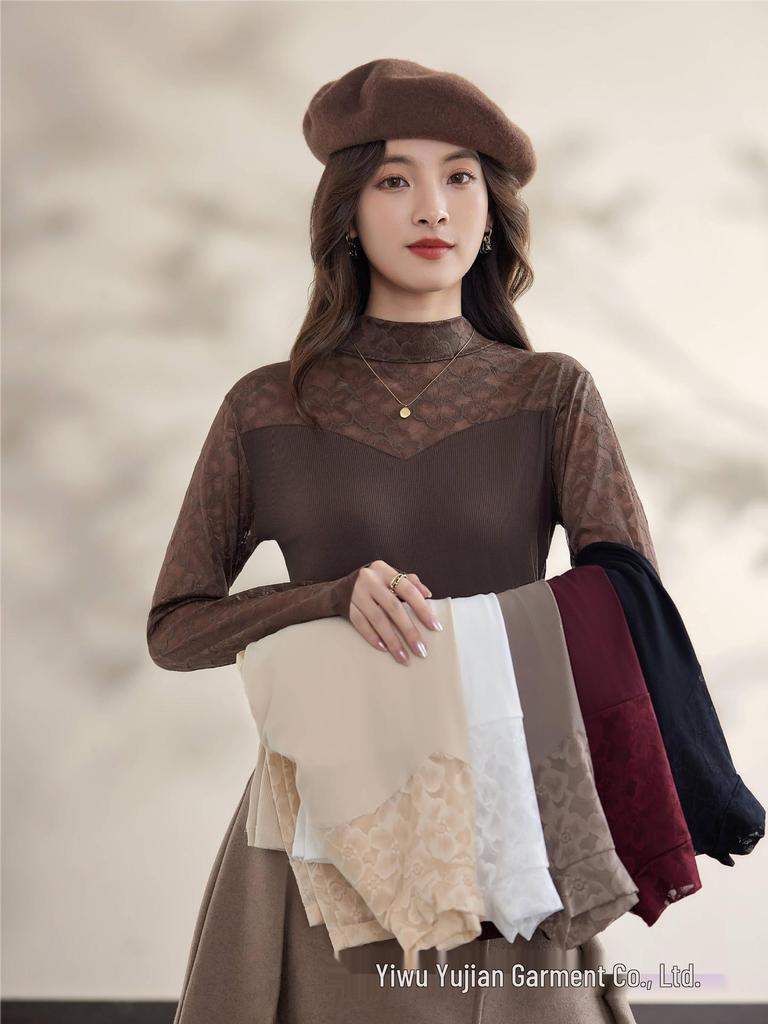 New Style Embroidered Mesh Lace Base Layer Shirt - Women's Slim Fit, Long Sleeve, Spring/Autumn Fashion Top