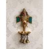 Golden & Colorful Stone Work Handcrafted Lord Ganesha Wall Hanging Brass Diya of 3 Wicks with 3 Bells - Designer Diya, Deepam for Home