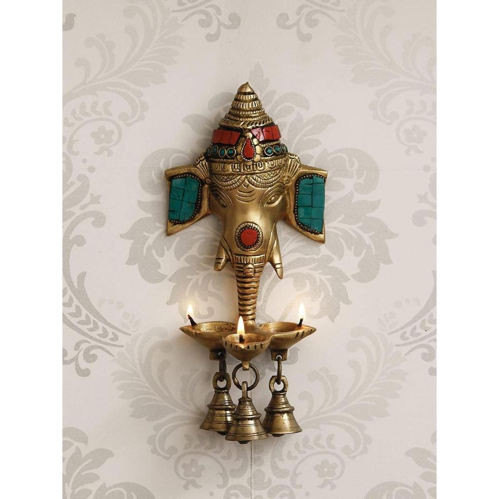 Golden & Colorful Stone Work Handcrafted Lord Ganesha Wall Hanging Brass Diya of 3 Wicks with 3 Bells - Designer Diya, Deepam for Home
