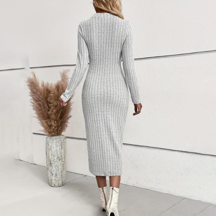 Damen Slim Fit High Waist A-Linie Langes Kleid Elastisch Gestrickt Jacquard Langarm O-Ausschnitt Frühlings-Herbstkleider S-XL