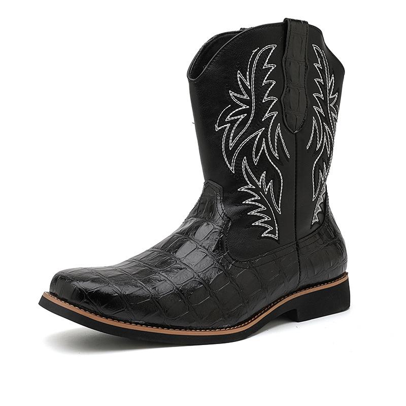 Men's Western Cowboy Boots: Retro Crocodile Pattern Embroidered Leather Knight Boots, Large Size, High Cut