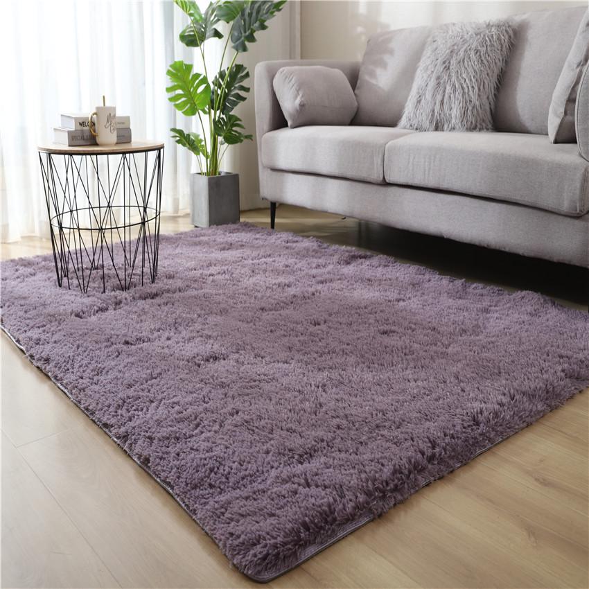 Long Pile Silk Wool Carpet - Full Coverage Bedroom and Living Room Rug, Solid Color