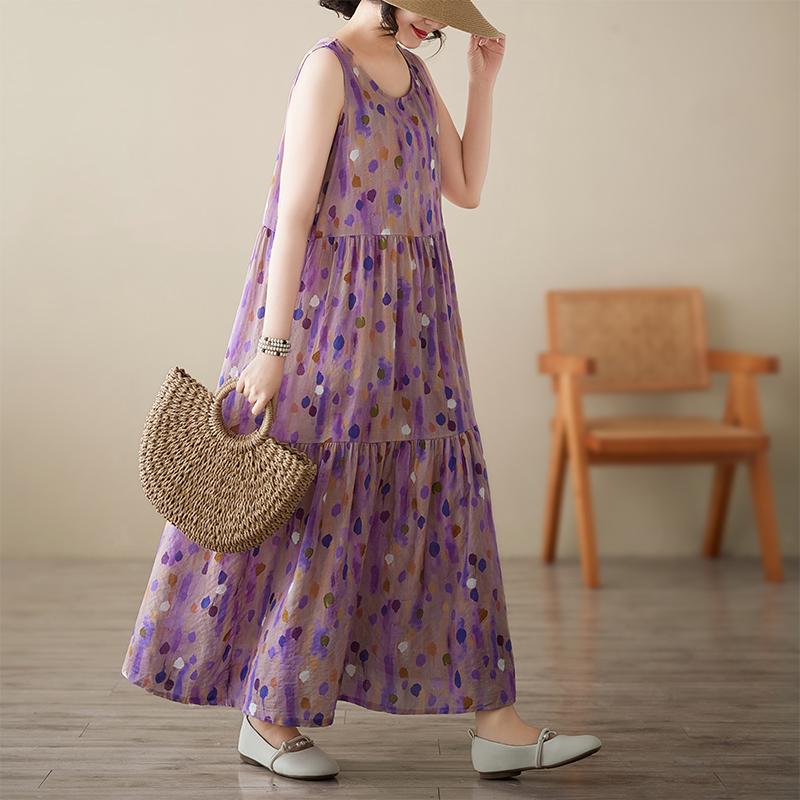 

DIMANAF 2025 Новое летнее женское платье большого размера свободного кроя в винтажный горошек, базовый сарафан, повседневное длинное платье One Size фиолетовый