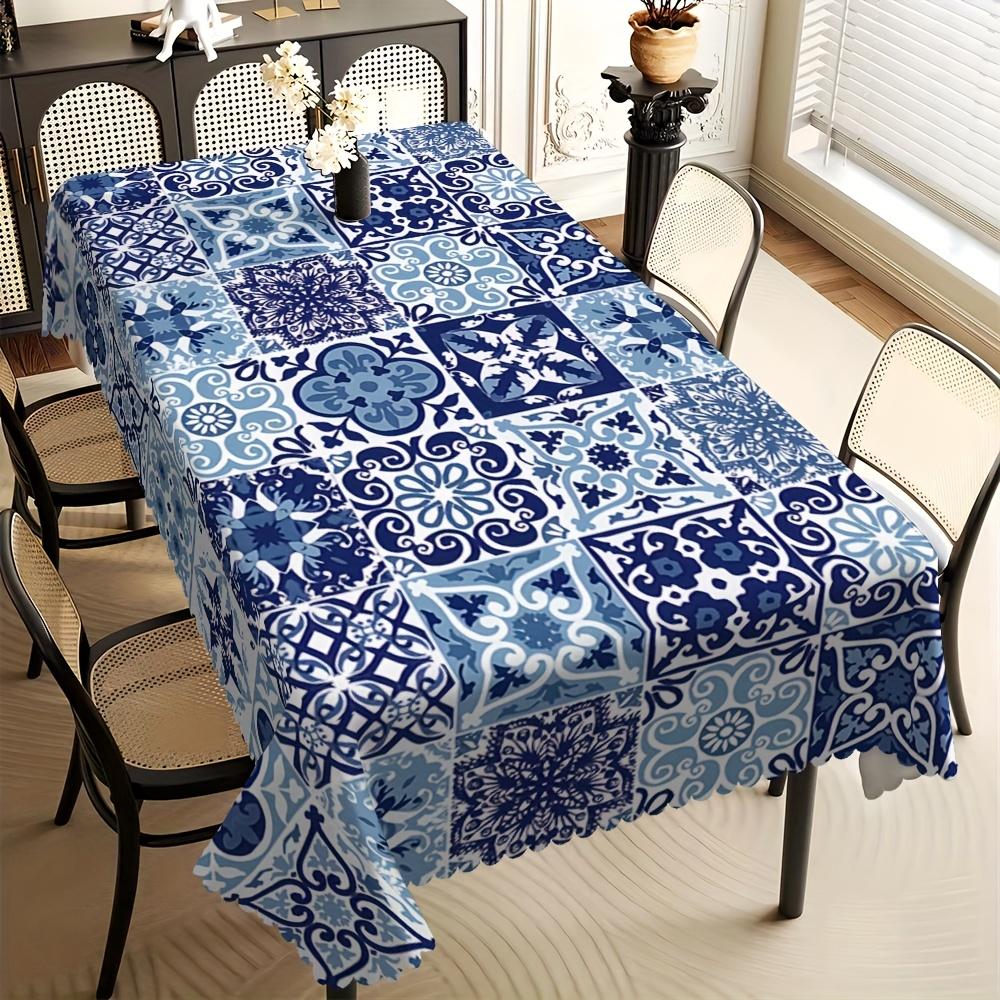 Blue Tile Patchwork Rectangle Tablecloth for Table Decor Elegant Bohemian Style Kitchen Dining Table Cloth Holiday Party Decor