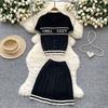 Summer Women Knitted Sweater College Letter Two Piece Set Fashion Girl Single Breasted Cardigan Top and Mini Pleated Skirt Suit