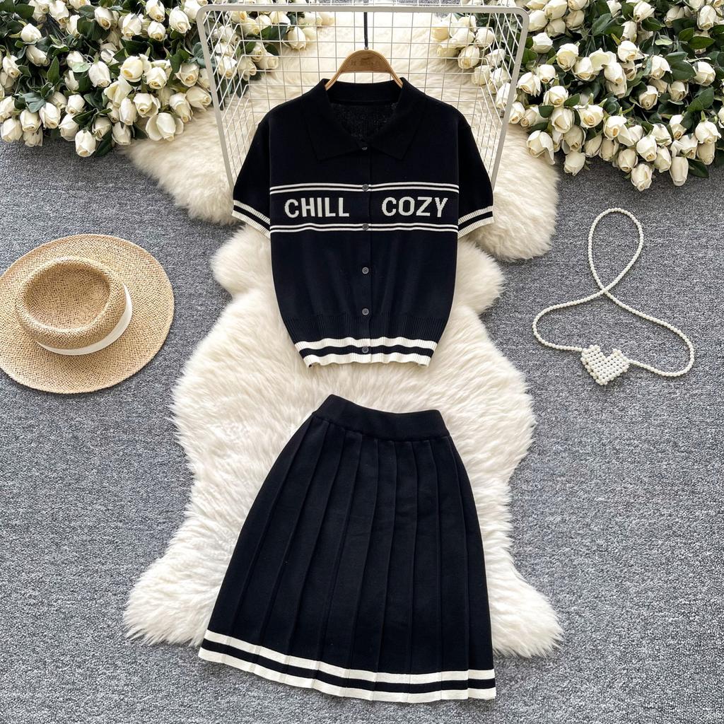 Summer Women Knitted Sweater College Letter Two Piece Set Fashion Girl Single Breasted Cardigan Top and Mini Pleated Skirt Suit