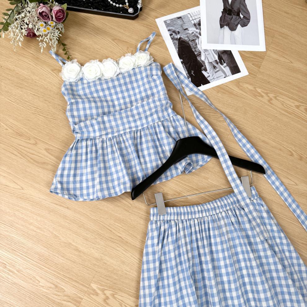 Women's Summer 2025 Floral Checkered Camisole & Irregular Midi Skirt Set