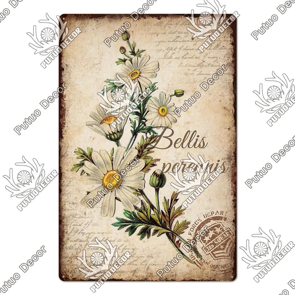 Putuo Decor Lavendel Metallskyltar Plåtposter Metall Vintage Solros Skyltar Retro Blomma Plåtskylt Tusensköna Väggdekor för Hem Trädgård