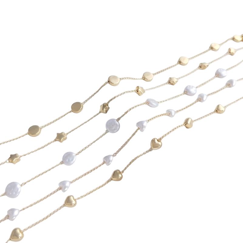 14K Gold-Filled Peach Heart Star Spacer Chain with Baroque Imitation Pearl for DIY Necklace Crafting