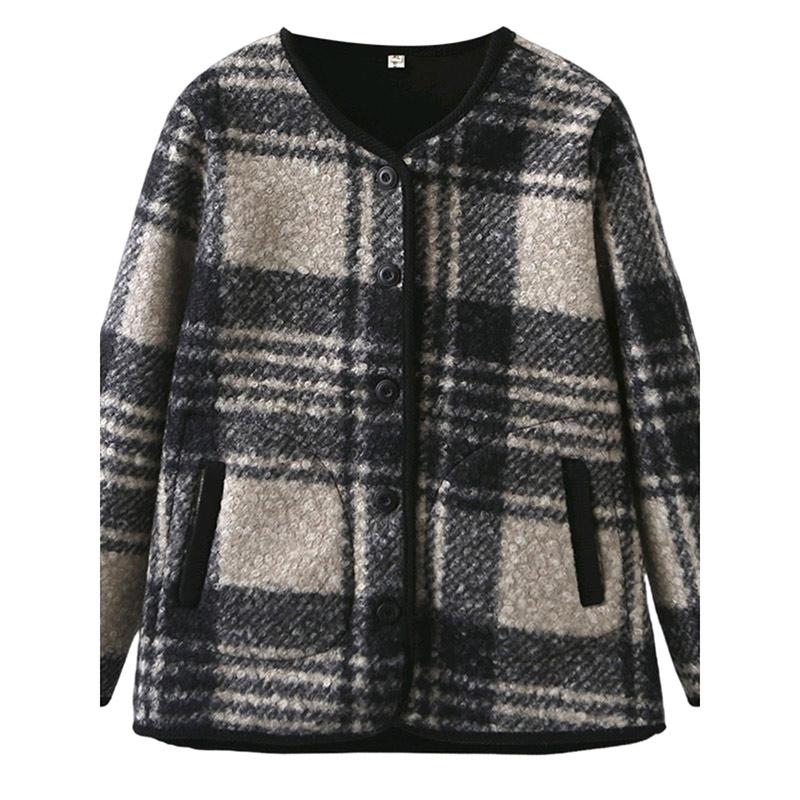 

Женское шерстяное пальто с узором в клетку, повседневная свободная куртка с длинными рукавами, модная теплая однобортная верхняя одежда с круглым вырезом и пряжкой, весна-осень 4XL