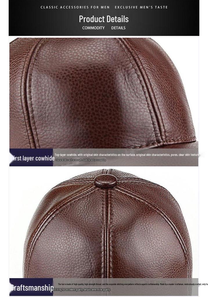 Men's Genuine Leather Baseball Cap - Winter Warm Flat Cap for Middle-Aged & Elderly