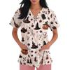 Women's short-sleeved Halloween print V-neck pocket protective work shirt