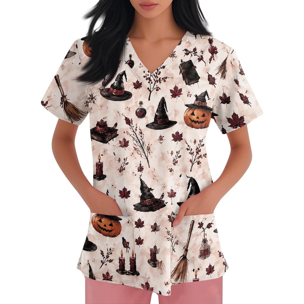 Women's short-sleeved Halloween print V-neck pocket protective work shirt