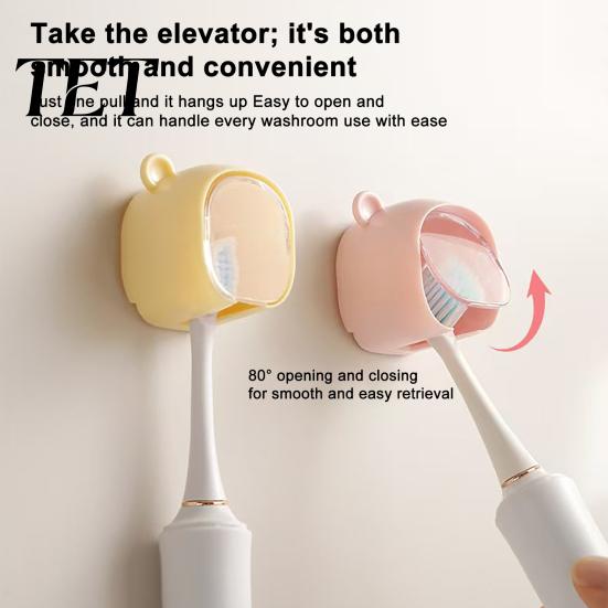 Wall Mounted Toothbrush Holder Cute Bear with Dustproof Flip Cover, Single Electric Organizer Dispenser Storage Organizer, Drill-free Electric/Manual