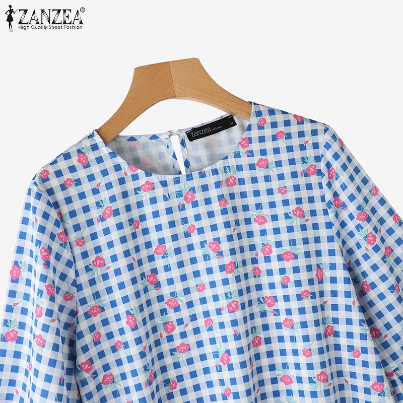 ZANZEA Women Floral Print Casual Round Neck 3/4 Sleeve Loose Plaid Blouse