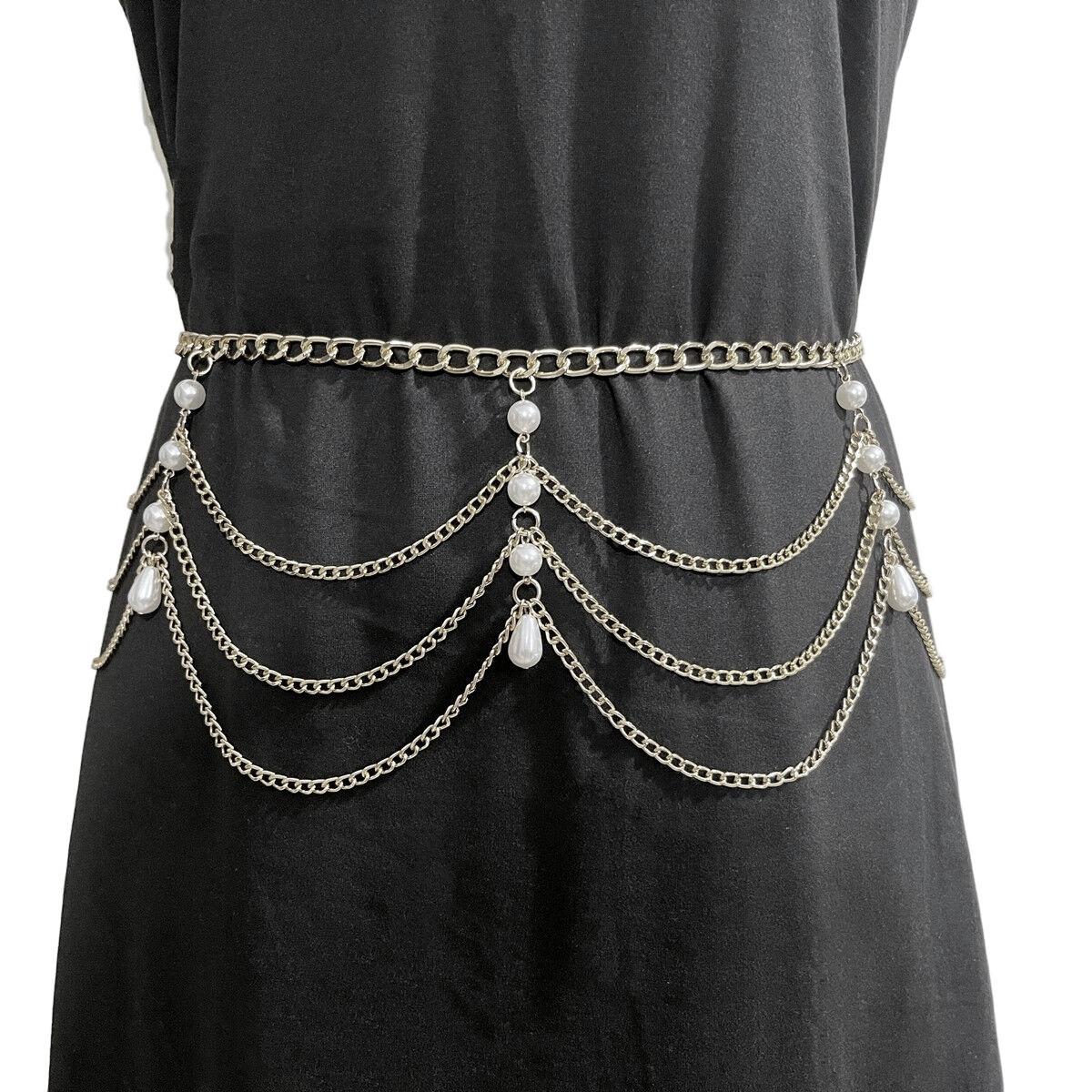 

Personalized Vintage Pearl Waist Chain Female Spice Girl Metal Multilayer Wave Tassel Body Chain