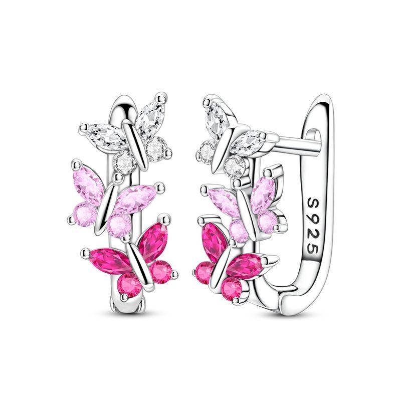 Luxury 925 Silver Pink Bowknot Stud Earrings Diamond Flower Heart Hoop Earrings for Women Sweet Fine Jewelry Gift