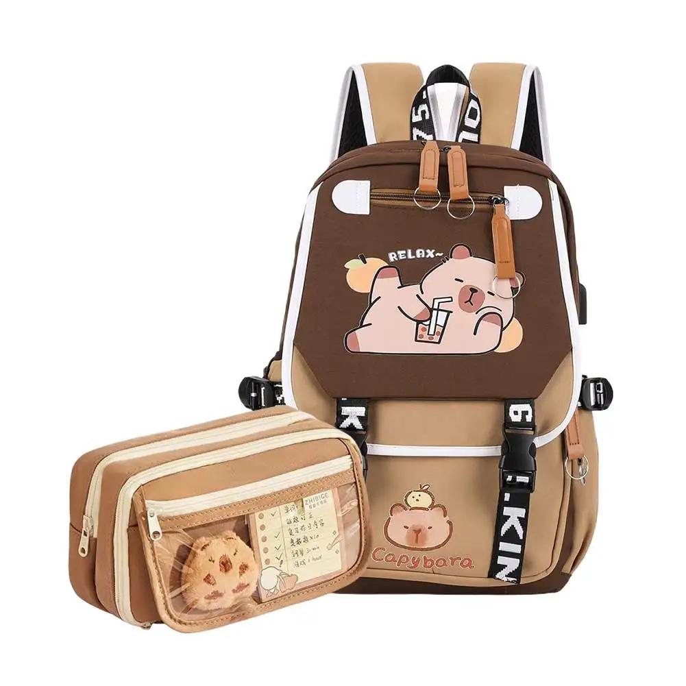 Capybara Flap Backpack with Pencil Case Fashion Casual Nylon Cute Bag Large Capacity Bookbag Animal Cartoon Daypack for Teens
