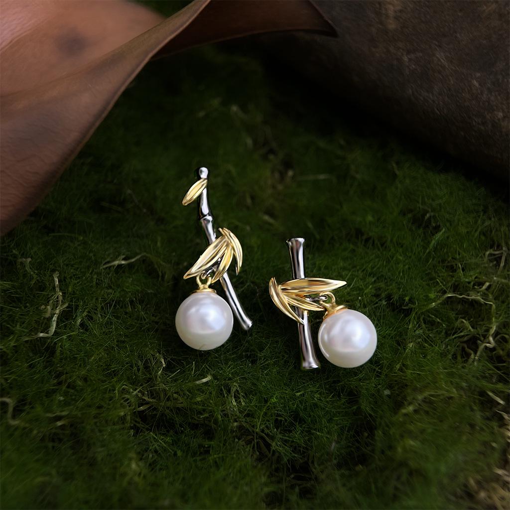 18k Vergoldete Perlenohrringe - Chinesisches Bambusblatt-Design, Retro & Luxuriöser Stil für Frauen