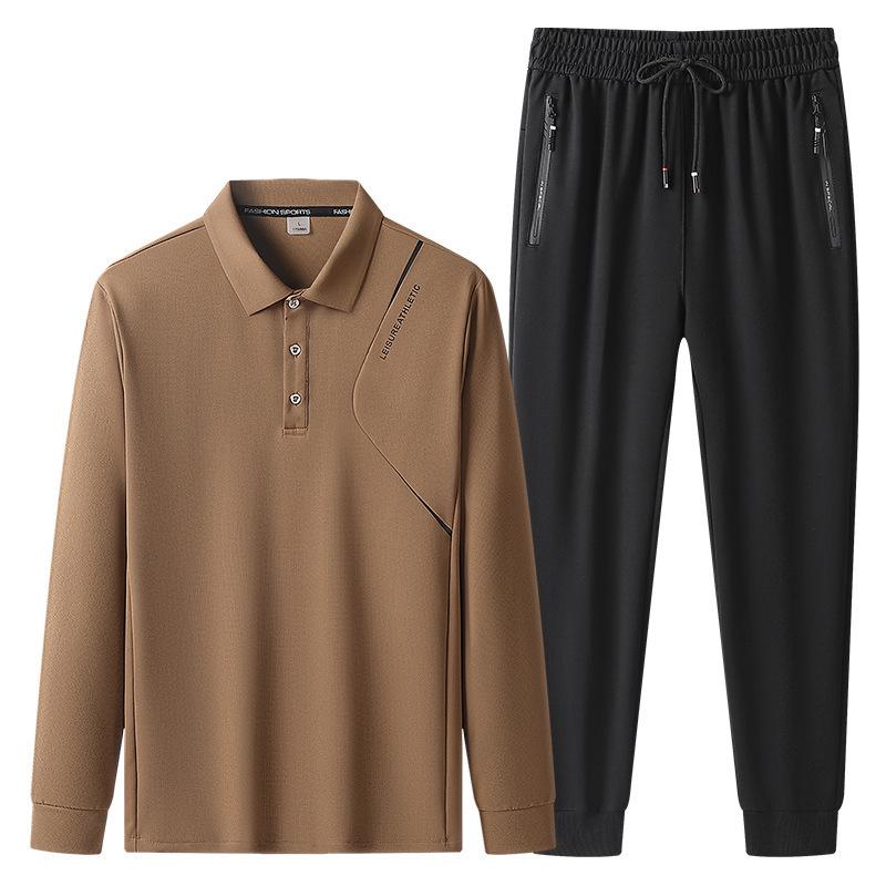 Men's Plus Size Long Sleeve Polo Shirt & Pants Set - Autumn/Winter Warmth for Middle-Aged