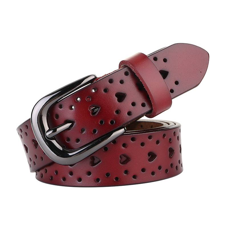

Shaped Heart Leather Belt Women Hollow Heart Design Silver Alloy Buckle Daily Red Brown,105cm