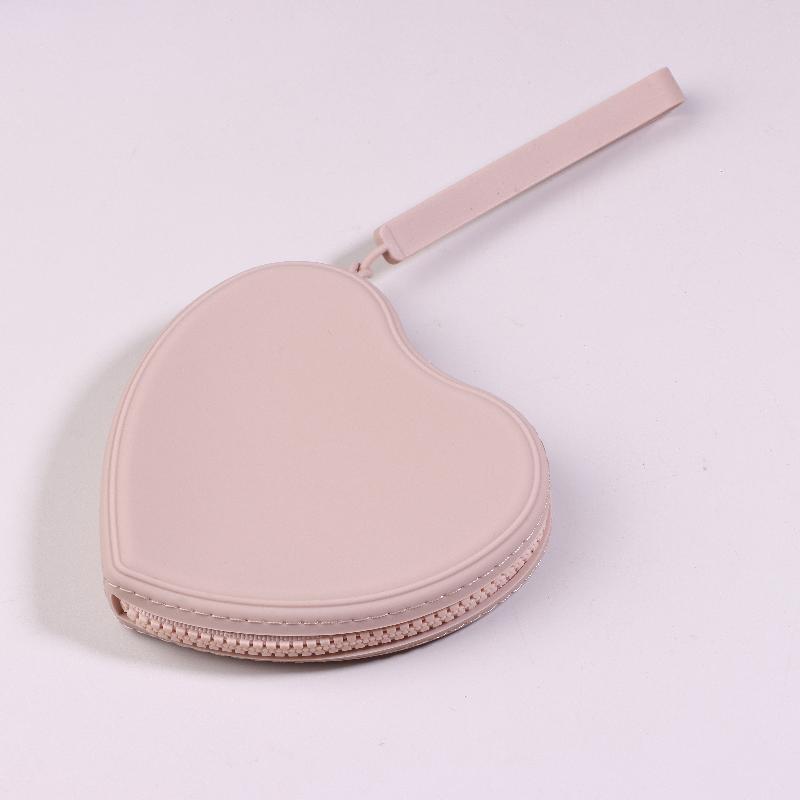 Portable Silicone Coin Purse Waterproof Heart-Shaped Small Wrist Wallet Solid Color Zipper Travel Sundries Storage Bag