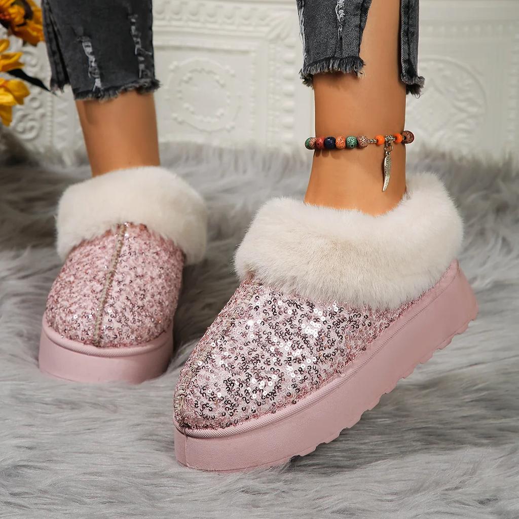 Furry Cotton Shoes Padded Warm Snow Botas Women Non-slip Comfort Home Slippers Outdoor Flat Sequins Shoes Women Platform Boots