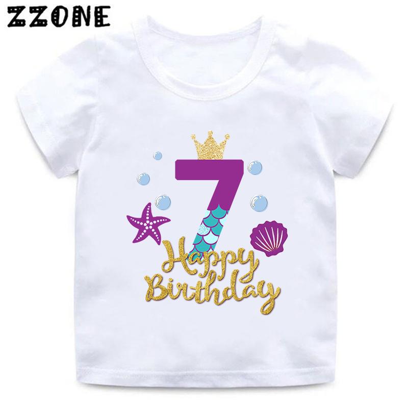 Cute Mermaid Princess Print Girls Clothes 1 2 3 4 5 6 7 8 9 Years Happy Birthday Kids Short Sleeve T Shirt Baby Boys TShirts