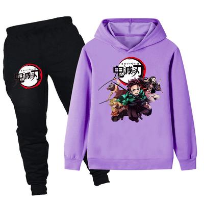 PB095 Kinder Jungen Mädchen Kimetsu No Yaiba Print Langarm Kapuzenpullover Hose Hosen Kleidung Sets