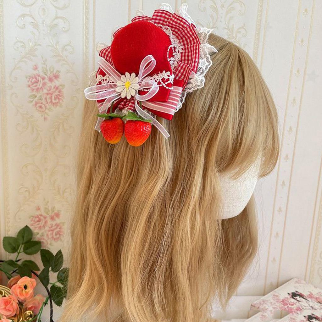 Strawberry Bow Y2K Style Balletcore Mini Bowler Hat Hair Clip Mini Top Hat Bow Plaids Hair Clip Strawberry Style