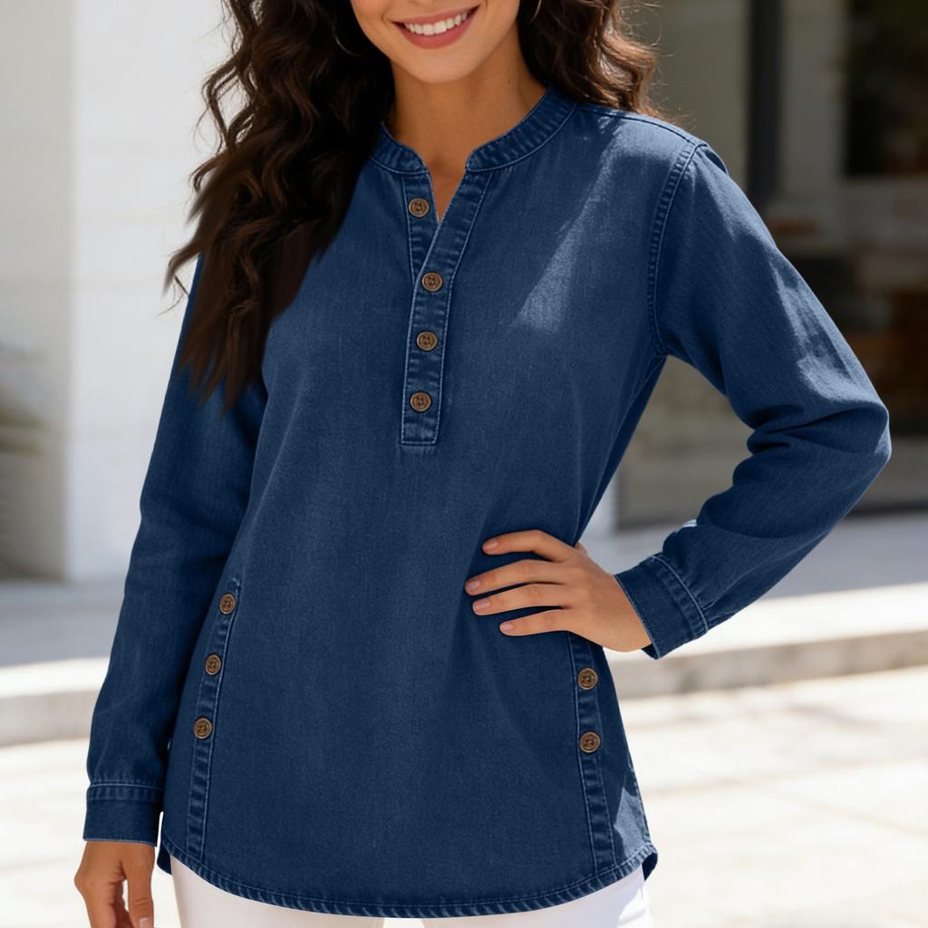 Ladies' Casual V-neck Button Imitation Denim Mid Long Sleeved Top