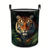 Laundry Organizer Bin with Jungle Tiger Portrait Tropical Foliage Design Circular Hamper for Clothes Durable Polyester Storage