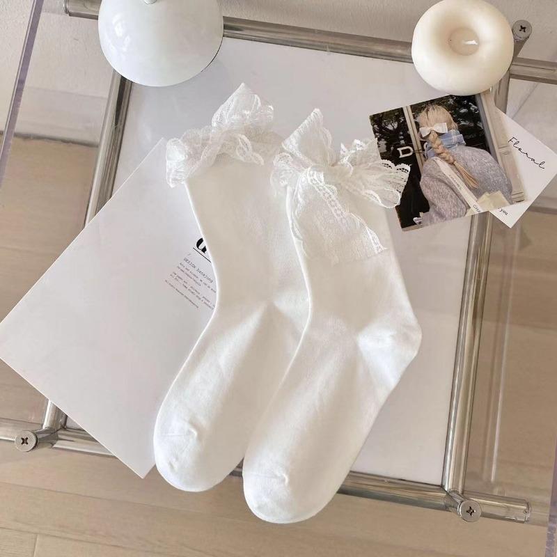 Of Socks Female White Bow Lace Tube Socks College Style Princess Sweet JK Street Socks