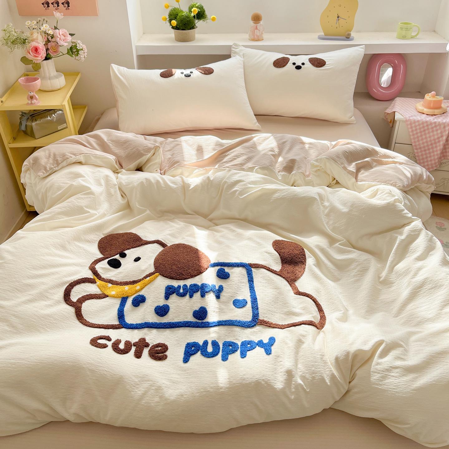 

Crinkled Gauze Embroidered Cartoon Bedding Set - Double Bed Sheet & Duvet Cover for Home Use 1.2 Single Bed Sheet Set - Duvet Cover 150*200