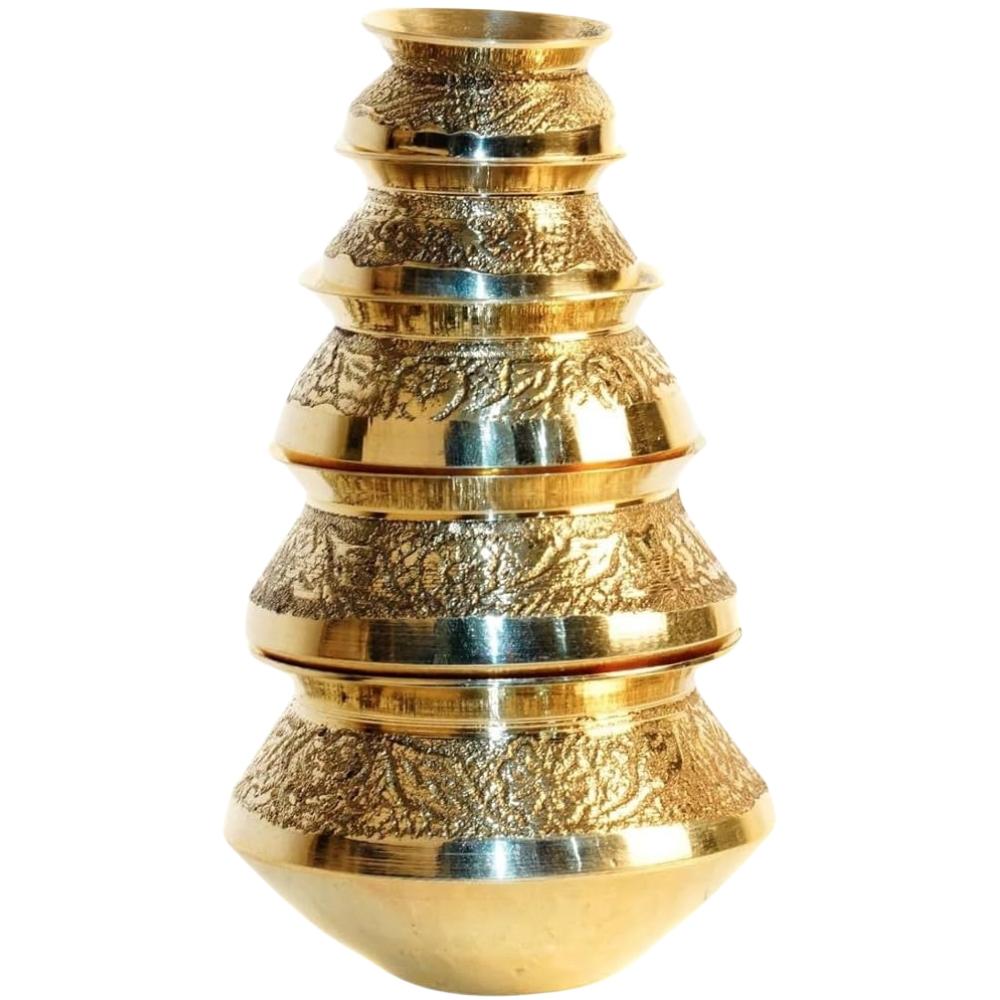BlueQueen Set of 5 Antique Brass Handcrafted Carved Mini Matka Pot Kalash Set Home Temple Décor