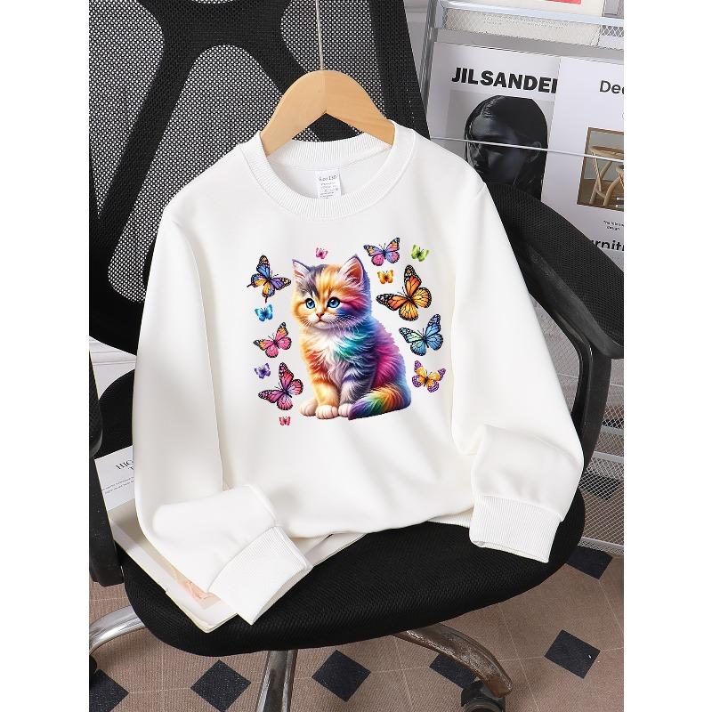 Kids Sweatshirt,Crew Neck Fashion Top, Fun"Rainbow Kitten Butterflies " Patterned Sweatshirt, for Everyday Casual Wear, for All Kinds of Daily Outfits