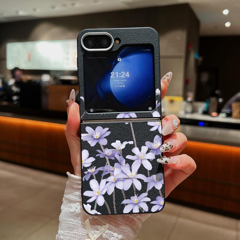 Leather Texture Soft TPU Folding Case For Samsung Galaxy Z Flip7 Flip6 Flip5 Flip4 Z Flip 7 FE 6 5 3 5G Plant Print Phone Cover