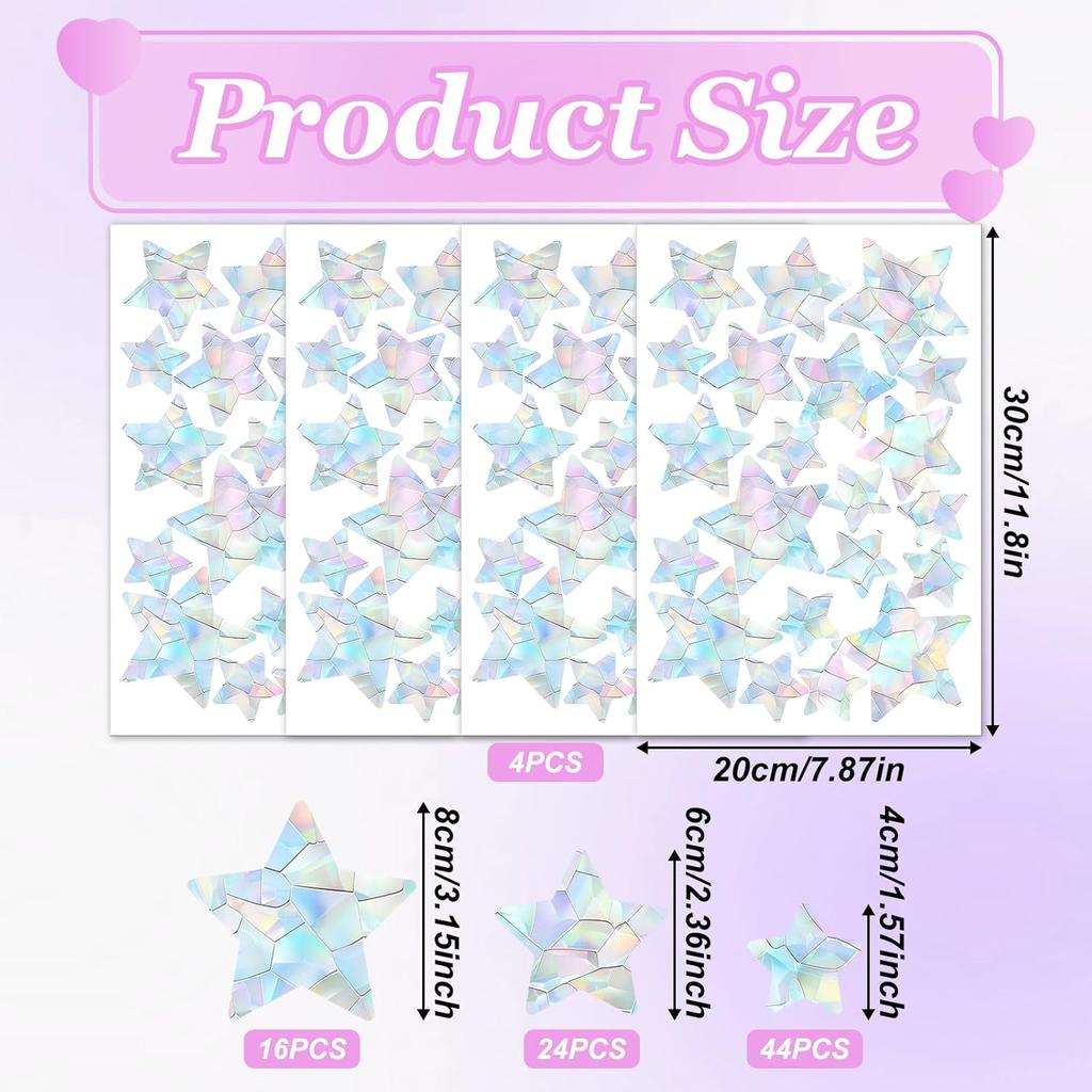84PCS Star Window Clings - Anti-Collision Decals to Save Birds, Non-Adhesive Prismatic Vinyl, Star Style Rainbow Stickers