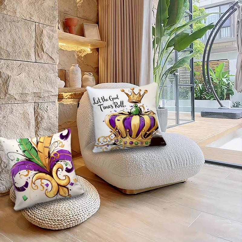 Vikama 4-Piece Printed Cushion Cover Set, Carnival Theme For Living Room & Bedroom, Featuring Masks, Crowns, And Iris Designs
