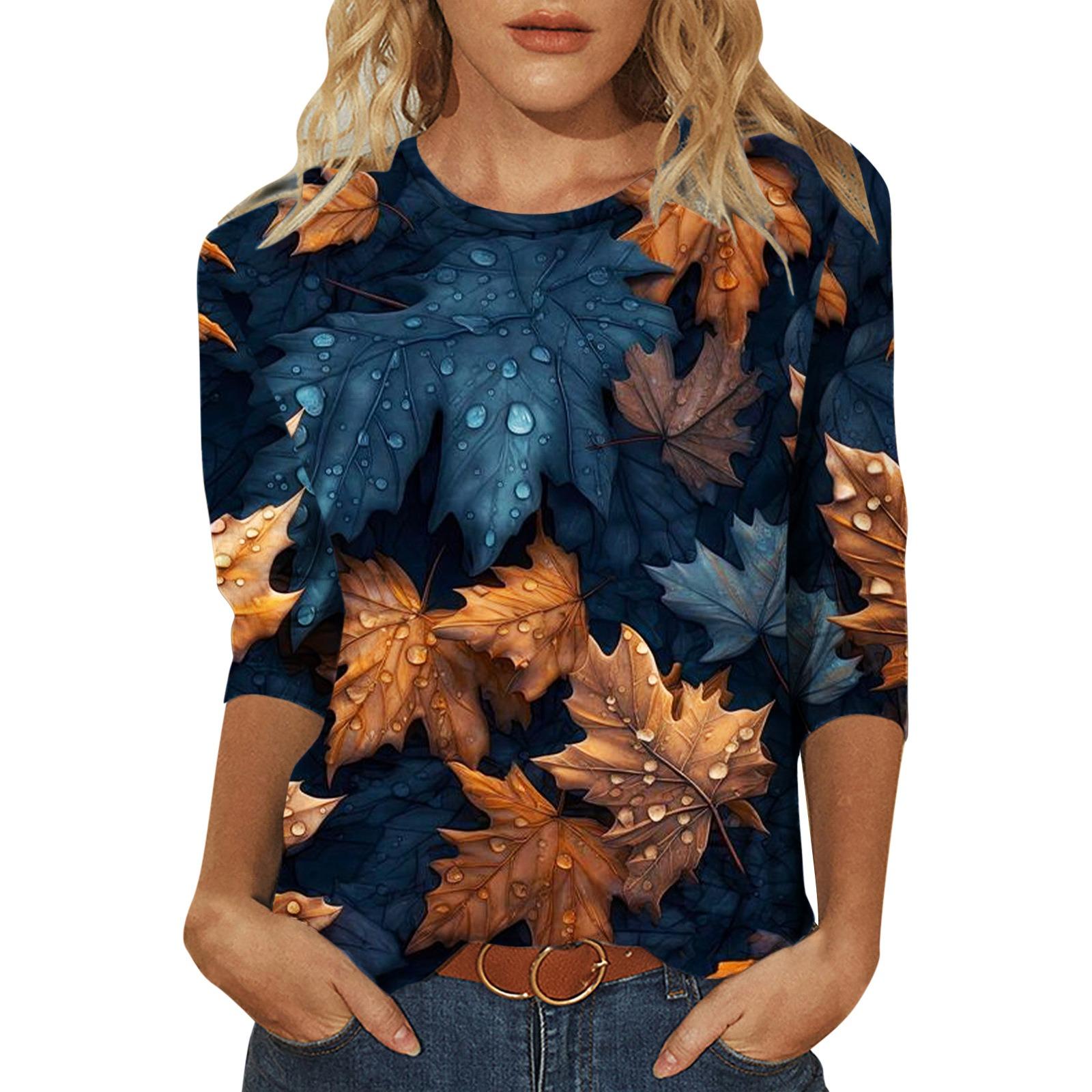 

Весенне-осенние футболки с круглым вырезом, с 3D-принтом в виде кленовых листьев, модные, повседневные, с длинным рукавом 5XL