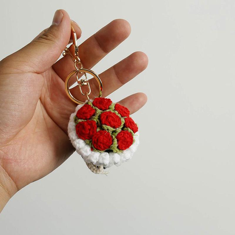 Crochet Rose Sunflower Keychain Key Accessories Bag Charms Knitted Key Chain Fake Flower Keyring Pendant Accessories